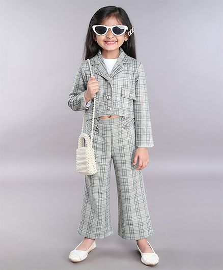 Taffykids Full Sleeves Foil Checked Crop Jacket With Coordinating Pant & Turtle Neck Crop Top - Green & White