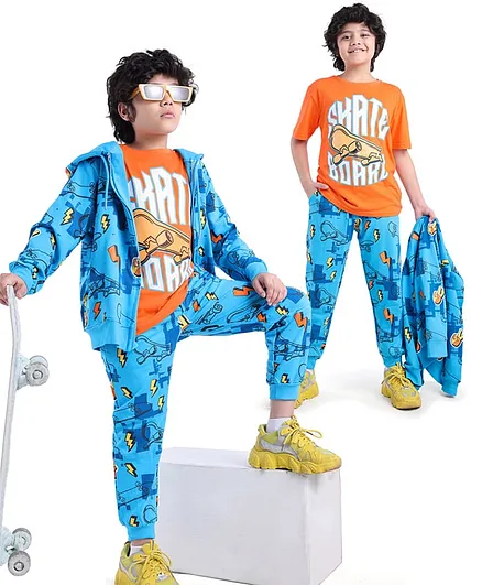 Ollington St. Cotton Knit Full Sleeves Front Open Skateboard & Text Printed Sweatjacket & Joggers Set with T-Shirt - Blue