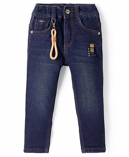 Ruff Denim Full Length Solid Jeans with Text Embroidery - Navy Blue