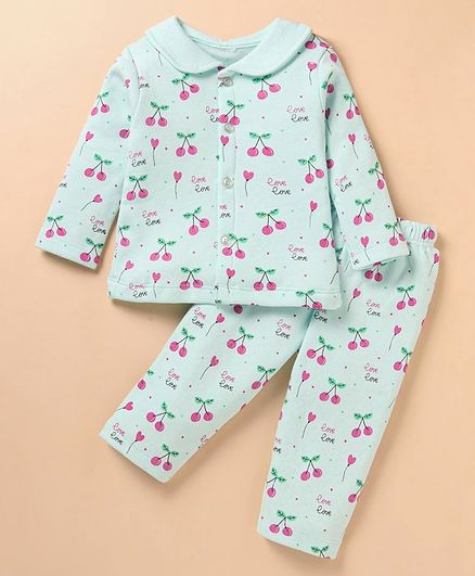 Tango Fleece Knit Full Sleeves Peter Pan Collared Winter Wear Night Suit With Cherries & Hearts Print - Light Blue