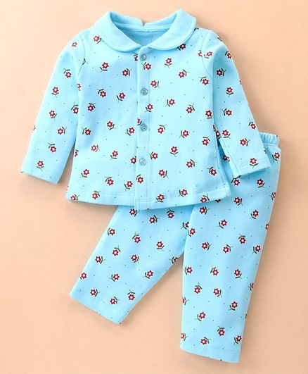 Tango Fleece Knit Full Sleeves Peter Pan Collared Floral Printed Winter Wear Night Suit - Aqua