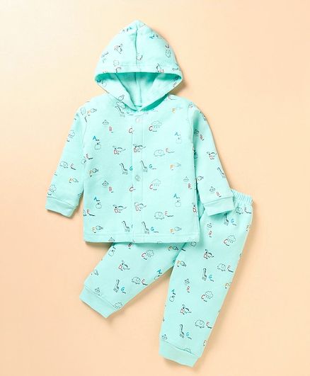 Tango Fleece Knit Full Sleeves Hooded Animals Printed Winter Wear Night Suit - Aqua