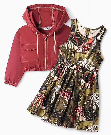 Ollington St. Twill Knit Full Sleeves Zipper Hoodie & Tropical Theme Printed  Frock  - Maroon & Dark Green