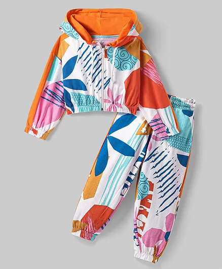 Ollington St. Cotton Knit Full Drop Shoulder Sleeves Winter Wear Abstract Printed Full Sleeves Hoodie & Joggers Set - Wine Grey & Blue