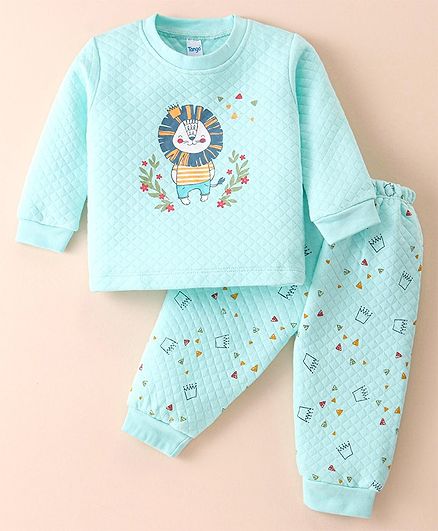 Tango Full Sleeves Winter Wear Set With Animal & Floral Print - Aqua