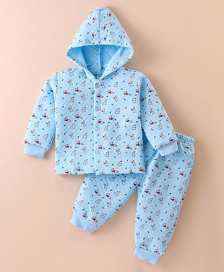 Tango Full Sleeves Hooded Front Open Winter Wear Night Suit With Bunnies Print - Light Blue