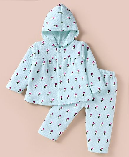 Tango Full Sleeves Hooded Winter Wear Night Suit With Floral Print - Aqua