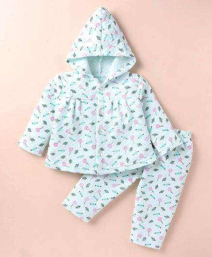 Tango Full Sleeves Hooded Winter Wear Night Suit With Candies Print - Aqua Blue