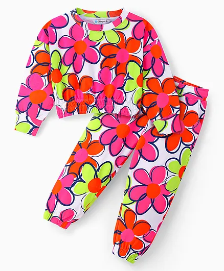 Ollington St. 100% Cotton Knit Full Sleeves Floral Printed Sweatshirt & Joggers Winter Wear Co-Ord Set - Dark Pink