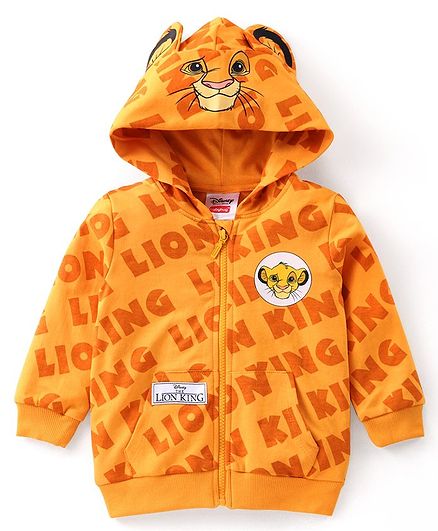 Babyhug Disney Terry Knit Full Sleeves Front Open Hooded Sweatjacket with Lion King Graphics & Ears Applique - Orange