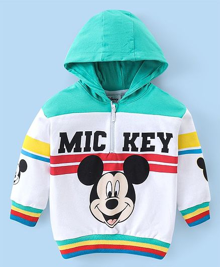 Babyhug Disney Terry Knit Full Sleeves Hooded Sweatshirt with Cut & Sew Design & Mickey Mouse Graphics - White