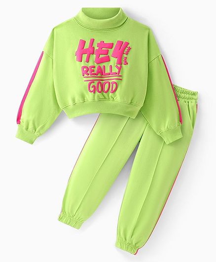 Ollington St. 100% Cotton Knit Full Sleeves Turtle Neck Winter Wear Co-Ord Set With Text Print - Lime Grreen