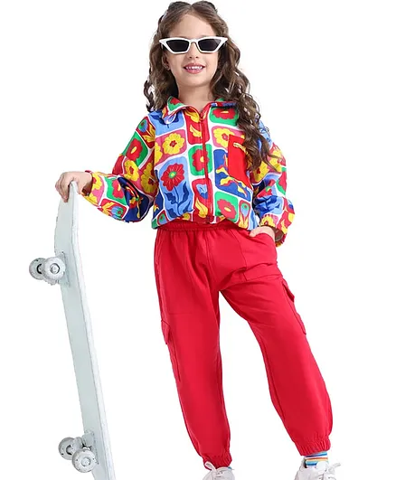Ollington St. 100% Cotton Knit Full Sleeves Floral Printed Sweatjacket  & Joggers Set -  Red & Yellow