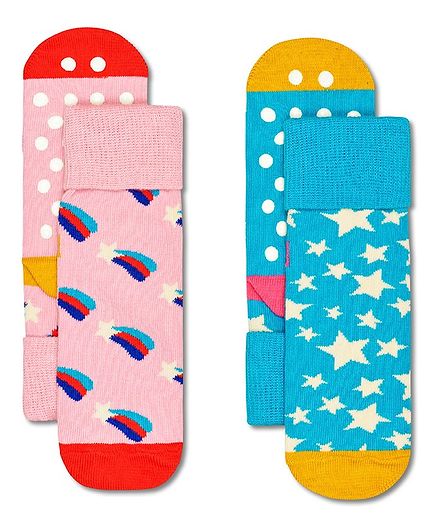 HAPPY SOCKS  Pack Of 2 Organic Cotton Blend Stars Printed Anti Slip Socks - Multi Colour