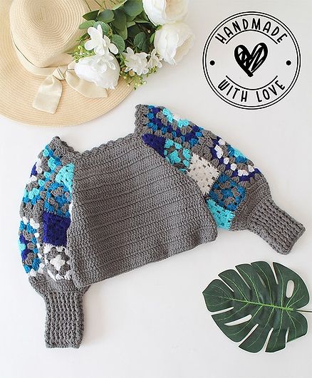 Woonie Full Sleeves Crochet Granny Square Detailed Pullover - Grey