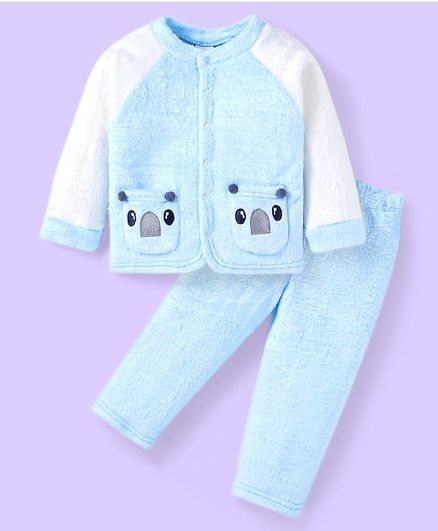 Babyhug Velour Knit Full Raglan Sleeves Winter Wear Night Suit with Pockets & Koala Patch - Light Blue