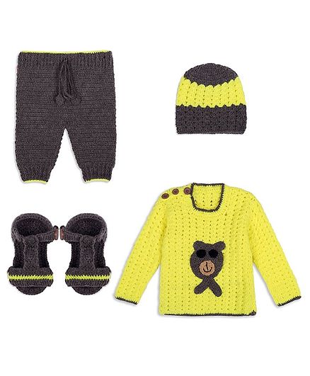 Windrop Solutions Full Sleeves Bear Designed Crocheted Sweater With Coordinating Solid Pajama Cap & Booties Set - Yellow & Black