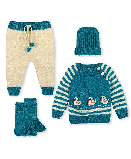 Windrop Solutions Full Sleeves Ducks Designed Crocheted Sweater With Coordinating Colour Blocked Pajama Cap & Booties Set - Green