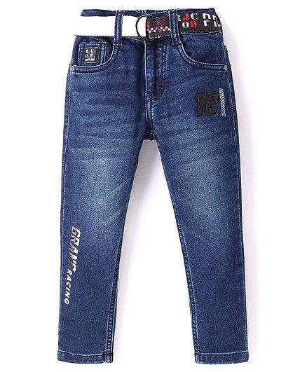 Ruff Woven Full Length Denim Jeans With Text Print - Navy Blue