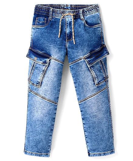 Ruff Denim Washed Full Length Jeans with Cut & Sew  Design-Royal Blue