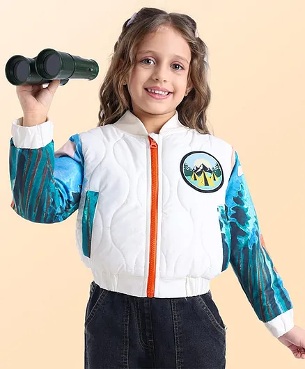 Ollington St. Woven Full Sleeves Padded Quilted Jacket With Forest Print & Patch - White