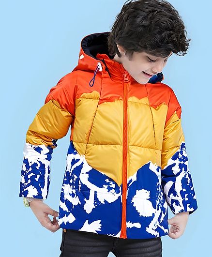 Ollington St. Full Sleeves Padded Hooded Jacket with Quilted Design & Color Block Design - Blue Red & Yellow
