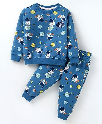 Cucumber Terry Knit Full Sleeves Winter Wear Co-Ord Set With Space Theme Print - Blue