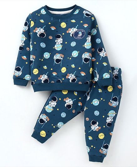 Cucumber Terry Knit Full Sleeves Winter Wear Co-Ord Set With Space Theme Print - Teal Blue