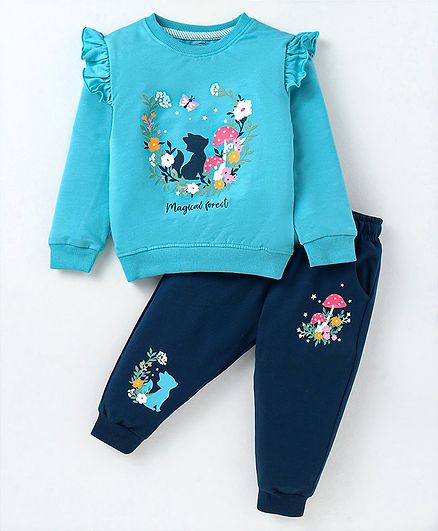 CUCUMBER Terry Knit Full Sleeves Winter Wear Frill Detailed Top & Lounge Pant Set with Floral & Animal Print - Sky Blue