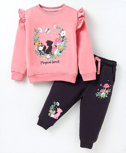 CUCUMBER Terry Knit Full Sleeves Winter Wear Frill Detailed Top & Lounge Pant Set with Floral & Animal Print - Pink