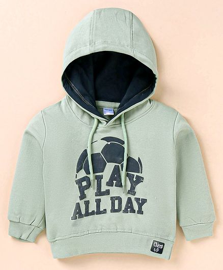 Tango Fleece Knitted Full Sleeves Hooded Sweatshirt With Football & Text Print - Mint Green