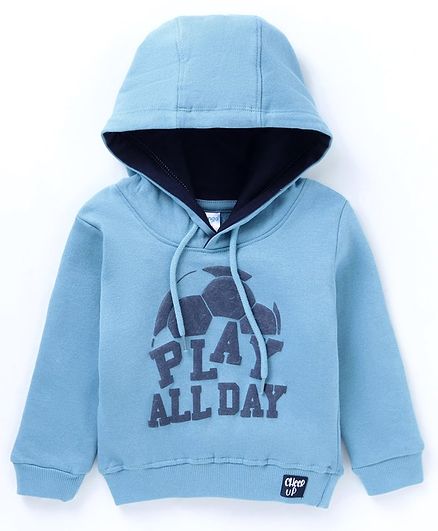 Tango Fleece Knitted Full Sleeves Hooded Sweatshirt With Football & Text Print - Light Blue