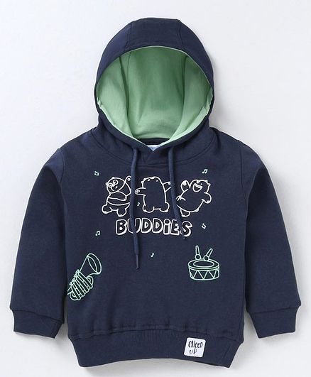 Tango Fleece Knitted Full Sleeves Hooded Sweatshirt With Text & Animal Print - Navy Blue