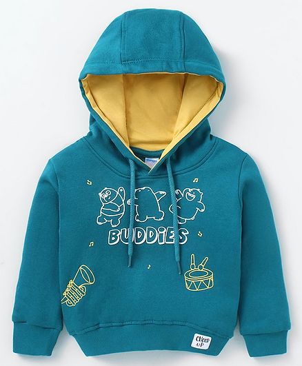 Tango Fleece Knitted Full Sleeves Hooded Sweatshirt With Text & Animal Print - Teal Blue