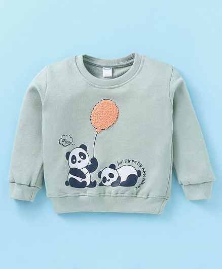 Tango Fleece Knitted Full Sleeves Sweatshirt With Panda Print & Baloon Embroidery - Mint Green