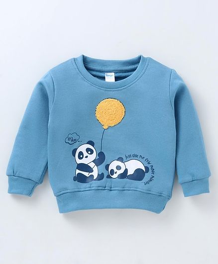 Tango Fleece Knitted Full Sleeves Sweatshirt With Panda Print & Baloon Embroidery  - Light Blue