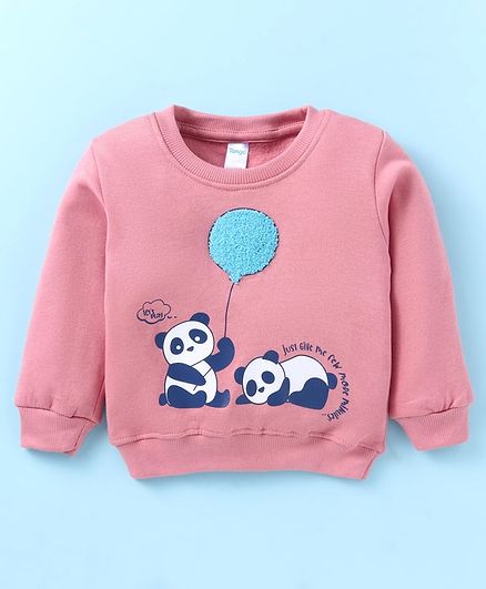 Tango Fleece Knitted Full Sleeves Sweatshirt With Panda Print & Baloon Embroidery - Rose Gold