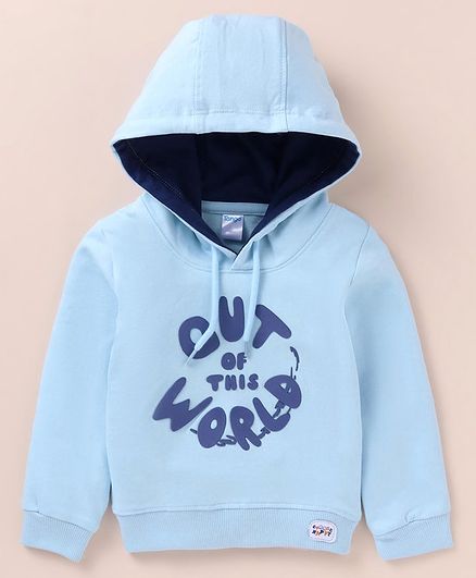 Tango Looper Knitted Full Sleeves Hooded Sweatshirt With Text Print - Light Blue