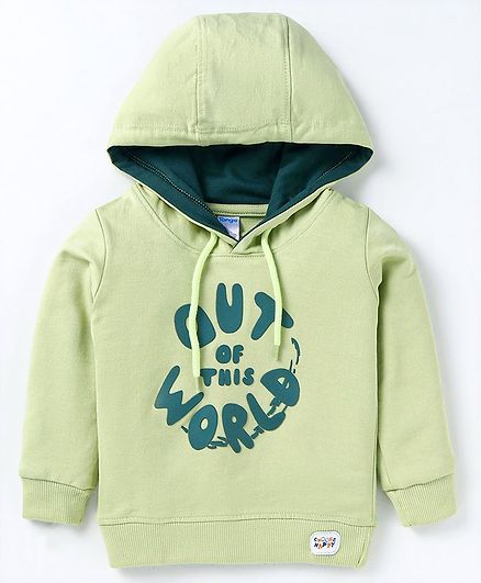 Tango Looper Knitted Full Sleeves Hooded Sweatshirt With Text Print - Light Green