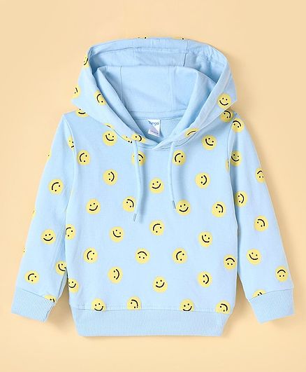 Tango Looper Knit Full Sleeves Hooded Sweatshirt with Smiley Print -Light Blue