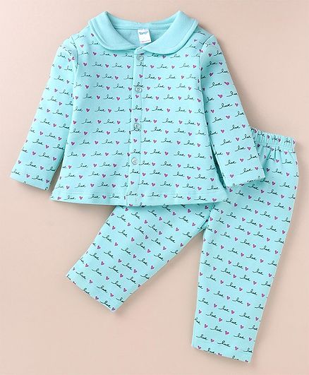 Tango Fleece Knit Winter Wear Front Open Night Suit with Peter Pan Collar & Text Print - Aqua Blue