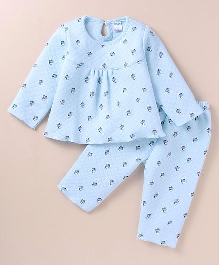 Tango Full Sleeves Winter Night Suit With Cupcakes Print - Aqua