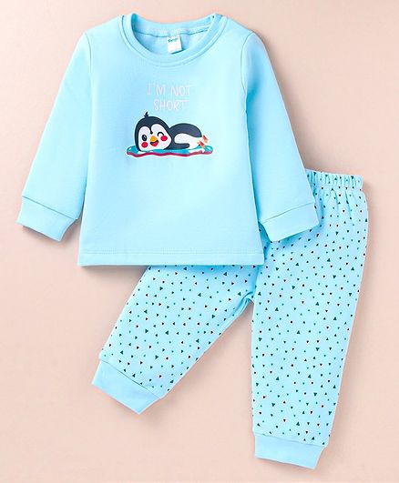 Tango Fleece Knit Full Sleeves Penguin Printed Winter Wear Sweatshirt & Lounge Pant Set - Aqua Blue