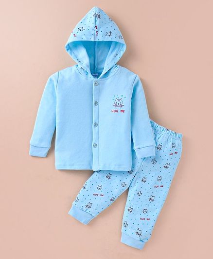 Tango Fleece Knit Full Sleeves Front Open Hooded Winter Night Suit With Kitten Print - Aqua