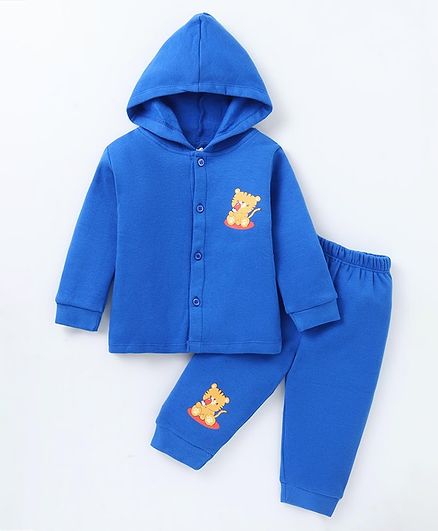 Tango Fleece Knit Winter Wear Front Open Hooded Night Suit with  Tiger Print - Royal Blue