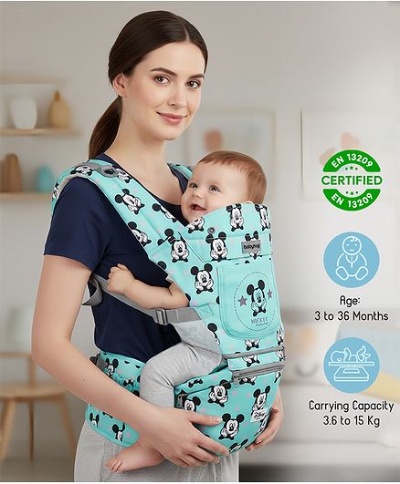 Babyhug Disney Mickey Mouse 9-in-1 Ergonomic Baby Carrier with Hip Seat: Breathable fabric, Detachable hood, Padded straps, Pocket storage, and 9 carrying positions for babies up to 15 kg- Sky Blue