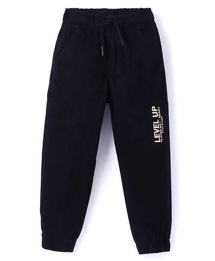 Olio Kids Cotton Woven Full Length Joggers with Text Print & Cargo Pockets - Black