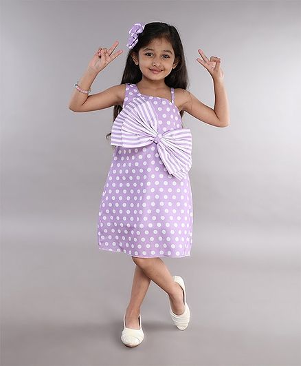 PinkChick Cotton Sleeveless Striped Bow Applique Detailed & Polka Dots Printed Dress - Lavender