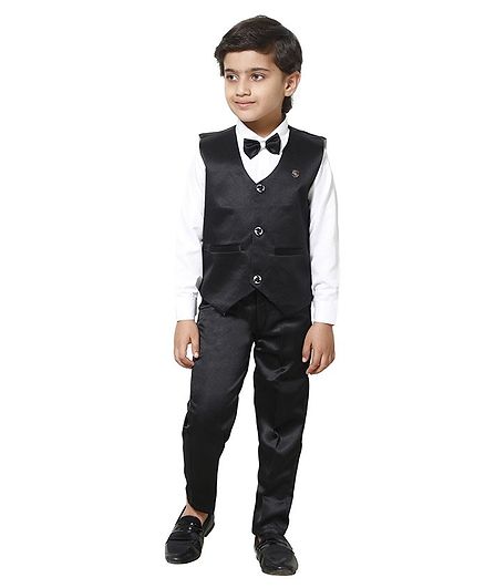 Fourfolds Full Sleeves Solid Shirt Trousers & Bow Tie With Patch Applique Detailed Waistcoat Set - Black