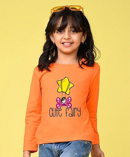 NUSYL Cotton Blend Full Sleeves Cute Fairy Text Printed Tee - Orange